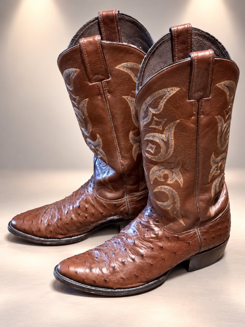 Justin Ostrich 8927 Mens 8 D Full Quill Cowboy Boots Brown Leather Western